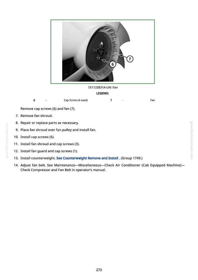 May include: Diagram of a fan assembly with a white fan blade and black center. The image includes labels for cap screws and the fan itself, along with a legend and instructions for maintenance and repair.