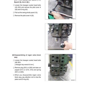 Op de afbeelding: Afbeelding die de demontage van mechanische componenten toont. Toont gereedschap dat wordt gebruikt op machineonderdelen, vergezeld van tekstinstructies. De tekst bevat onderdeelnummers en procesbeschrijvingen.