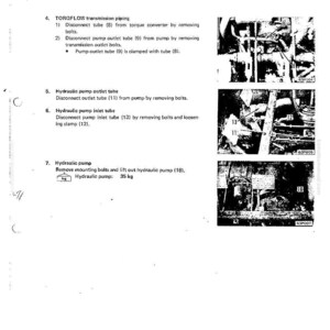 Puede incluir: Una p&aacute;gina de un manual que detalla el desmontaje y montaje de una bomba hidr&aacute;ulica. El texto incluye instrucciones para desconectar tubos y quitar pernos. La bomba hidr&aacute;ulica pesa 35 kg.