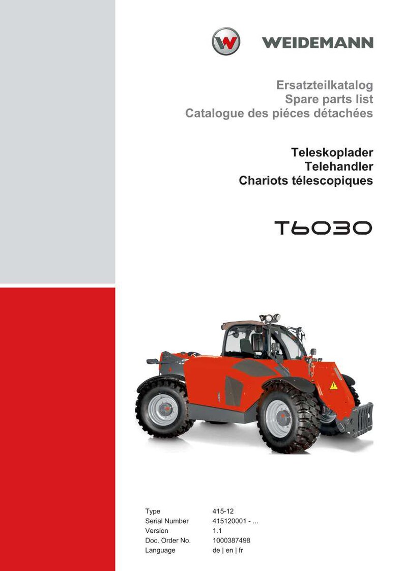 May include: A red and gray Weidemann telescopic handler, model T6030, with large black tires. The image includes text in German, English, and French, including "Spare parts list" and "Catalogue des pi&egrave;ces d&eacute;tach&eacute;es."