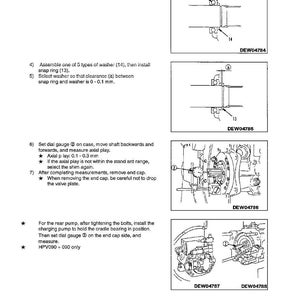 Puede incluir: Diagrama t&eacute;cnico de instrucciones de desmontaje y montaje de una bomba de pist&oacute;n. Incluye ilustraciones detalladas de la instalaci&oacute;n de rodamientos, arandelas y anillos de seguridad. El texto detalla mediciones y procedimientos para ajustar los indicadores de cuadrante y retirar las tapas.