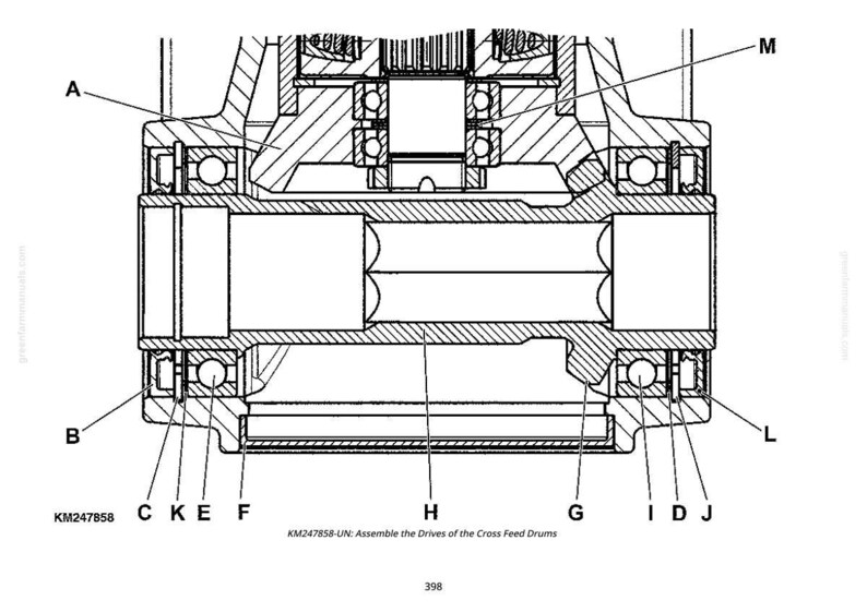 May include: Detailed black and white diagram of a mechanical assembly, labeled with letters A through M. The diagram includes cross-sections, ball bearings, and text indicating assembly instructions for cross feed drums.