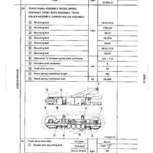 May include: A detailed technical diagram of a D155A-2 machine's undercarriage, including track frame, recoil spring, and roller assemblies. Measurements are in kgm, mm, and kg.