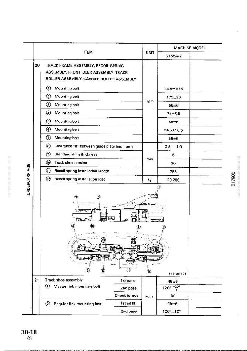 May include: A detailed technical diagram of a D155A-2 machine's undercarriage, including track frame, recoil spring, and roller assemblies. Measurements are in kgm, mm, and kg.