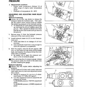 K&ouml;nnte beinhalten: Ein technisches Diagramm mit dem Titel &bdquo;Messung des Arbeitsger&auml;tedrucks&ldquo; mit detaillierten Anweisungen und Illustrationen. Das Dokument enth&auml;lt Schritte zum Messen und Einstellen des Hauptentlastungsventils, mit Messungen in MPa und kg/cm&sup2;. Die Seitenzahl ist 20-34.