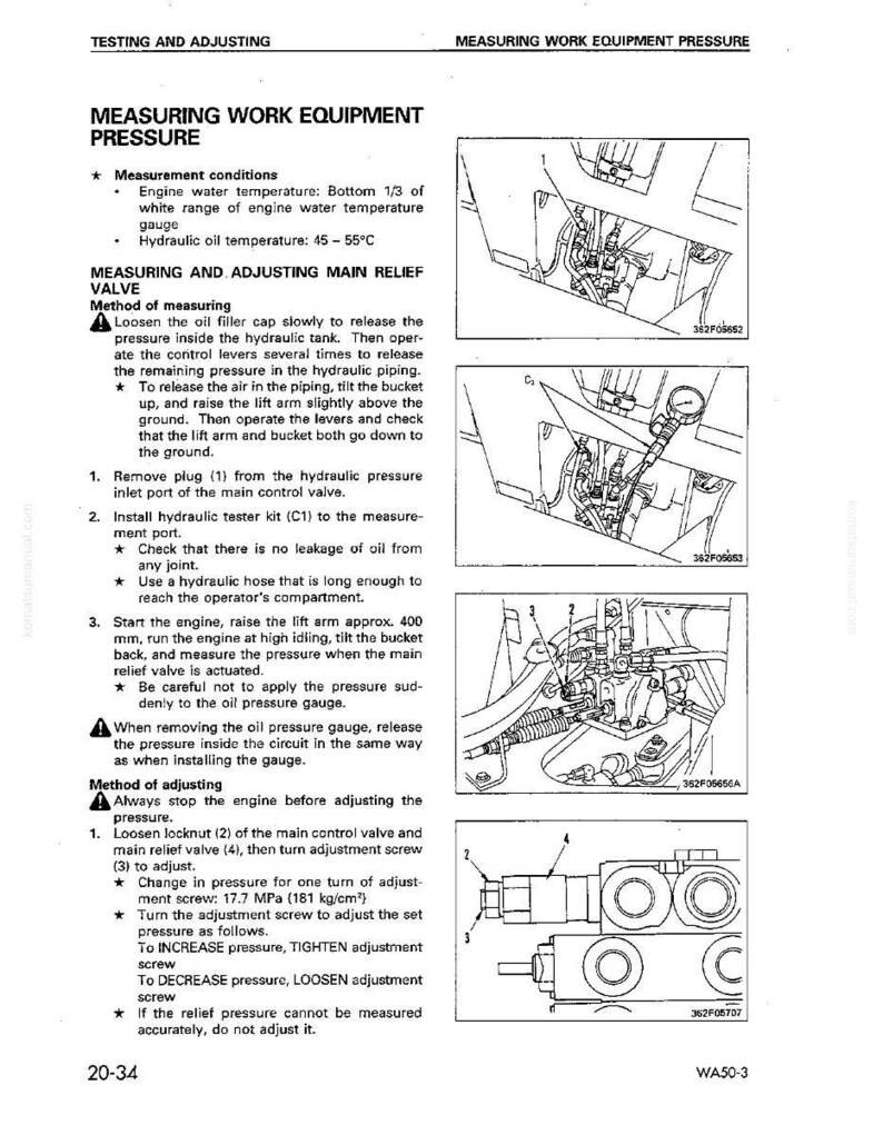 K&ouml;nnte beinhalten: Ein technisches Diagramm mit dem Titel &bdquo;Messung des Arbeitsger&auml;tedrucks&ldquo; mit detaillierten Anweisungen und Illustrationen. Das Dokument enth&auml;lt Schritte zum Messen und Einstellen des Hauptentlastungsventils, mit Messungen in MPa und kg/cm&sup2;. Die Seitenzahl ist 20-34.
