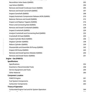 Pode incluir: Uma p&aacute;gina de manual com uma lista de procedimentos de reparo do motor, incluindo "Remover e instalar balancim" e "Inspecionar bloco do cilindro". O texto &eacute; preto sobre fundo branco, com n&uacute;meros de p&aacute;gina &agrave; direita.