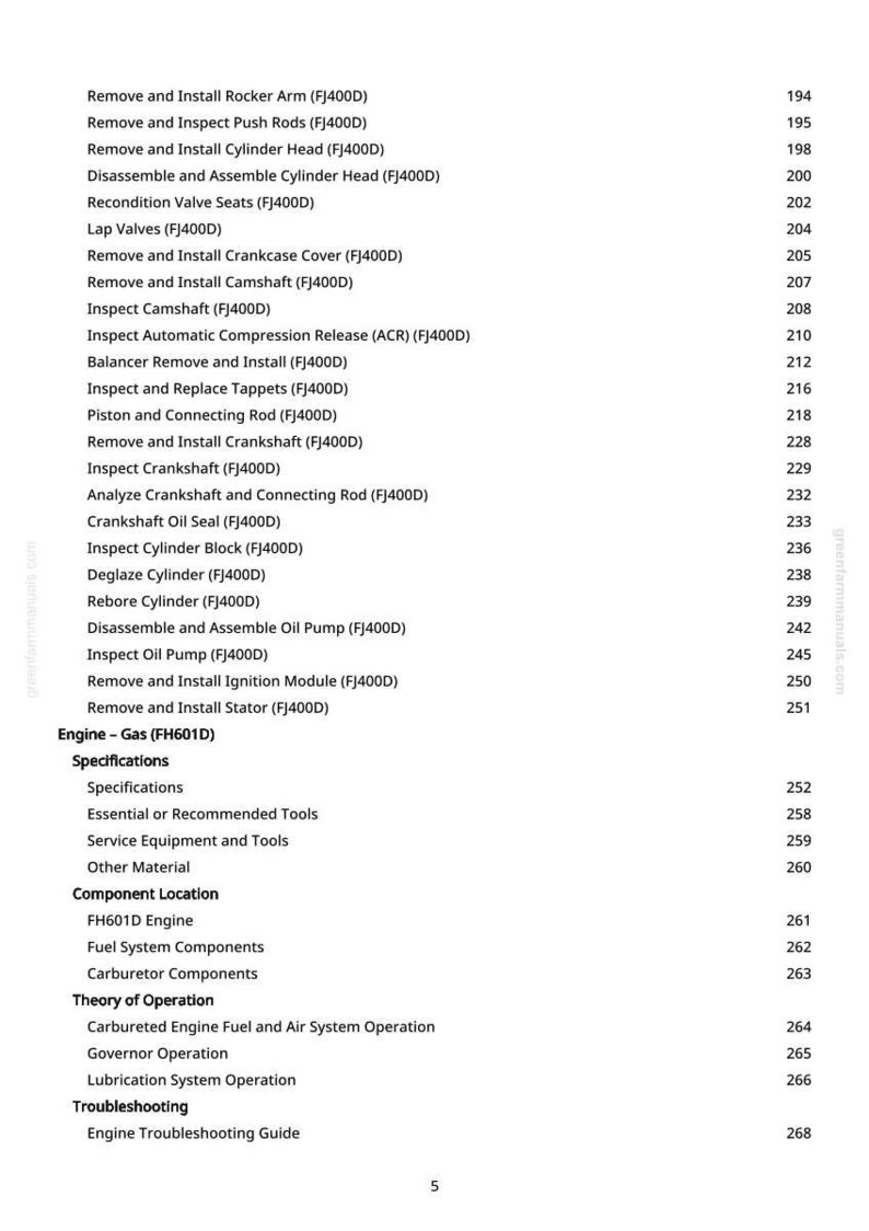 Pode incluir: Uma p&aacute;gina de manual com uma lista de procedimentos de reparo do motor, incluindo "Remover e instalar balancim" e "Inspecionar bloco do cilindro". O texto &eacute; preto sobre fundo branco, com n&uacute;meros de p&aacute;gina &agrave; direita.