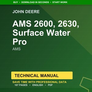 K&ouml;nnte beinhalten: Ein gr&uuml;n-wei&szlig;es technisches Handbuchcover f&uuml;r John Deere AMS 2600, 2630, Surface Water Pro. Das Cover enth&auml;lt den Text &bdquo;TECHNISCHES HANDBUCH&ldquo; und &bdquo;SPAREN SIE ZEIT MIT PROFESSIONELLEN DATEN&ldquo;. Das Handbuch hat 187 Seiten und ist in englischer Sprache.