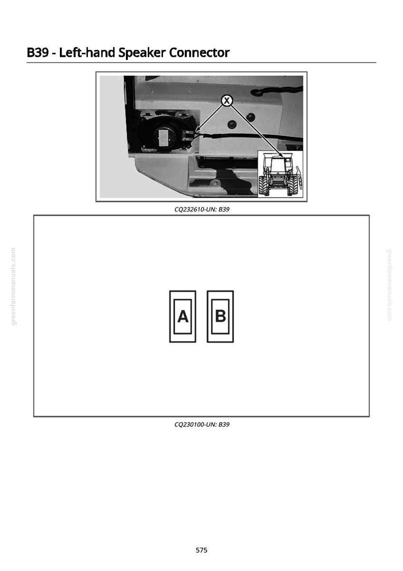 May include: Diagram of a left-hand speaker connector, labeled B39. The image includes a close-up of the connector and a diagram with two labeled boxes, A and B. The text "CQ232610-UN: B39" and "CQ230100-UN: B39" are also present.