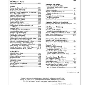 May include: A page from a John Deere instruction manual, titled "Contents." The table of contents lists safety information, operating procedures, and maintenance instructions for agricultural machinery, including mower-conditioners.