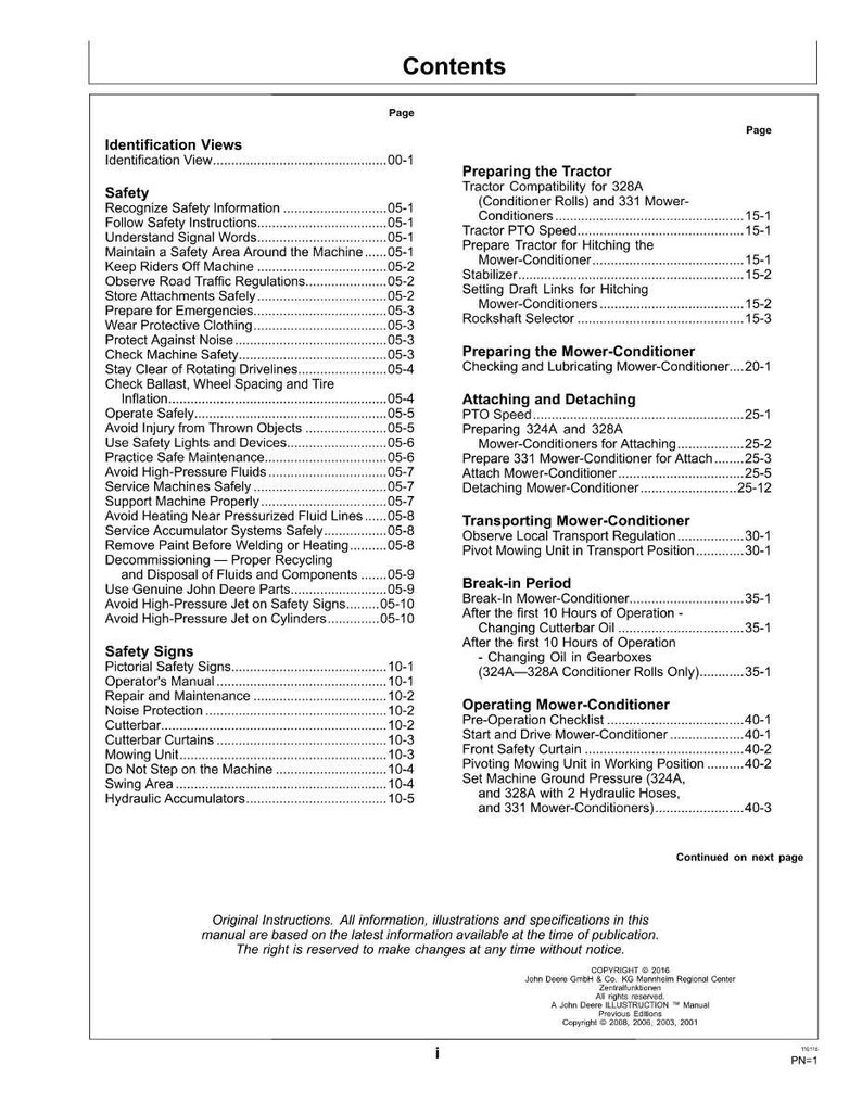 May include: A page from a John Deere instruction manual, titled "Contents." The table of contents lists safety information, operating procedures, and maintenance instructions for agricultural machinery, including mower-conditioners.