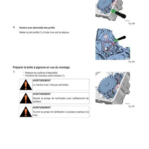 Może przedstawiać: Schemat komponent&oacute;w mechanicznych z instrukcjami tekstowymi w języku francuskim. Obraz zawiera ilustracje k&oacute;ł zębatych, narzędzi i ostrzeżenia dotyczące procedur montażu. Tekst zawiera ostrzeżenia dotyczące pracy na sucho i smarowania.