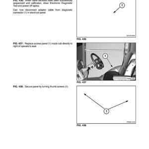 May include: Diagrams and instructions for hydraulic and three-point system testing and adjusting. Includes illustrations of steps, such as disconnecting a cable, replacing an access panel, and securing a panel with thumb screws. Text includes "FIG. 436", "FIG. 437", and "FIG. 438".