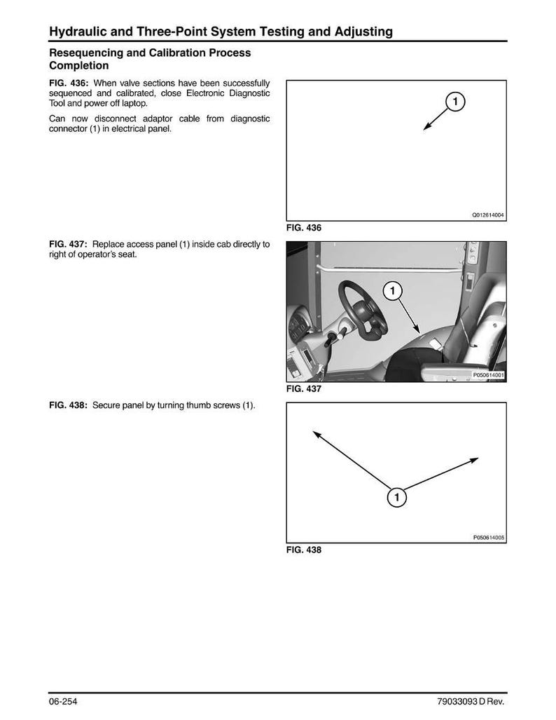 May include: Diagrams and instructions for hydraulic and three-point system testing and adjusting. Includes illustrations of steps, such as disconnecting a cable, replacing an access panel, and securing a panel with thumb screws. Text includes "FIG. 436", "FIG. 437", and "FIG. 438".