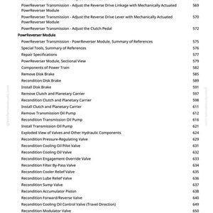 Puede incluir: Una p&aacute;gina de manual con una lista de procedimientos de reparaci&oacute;n de autom&oacute;viles, incluyendo "Reacondicionar el mecanismo de cambio de rango" e "Instalar el freno de disco". El texto es negro sobre fondo blanco, con un logotipo verde.