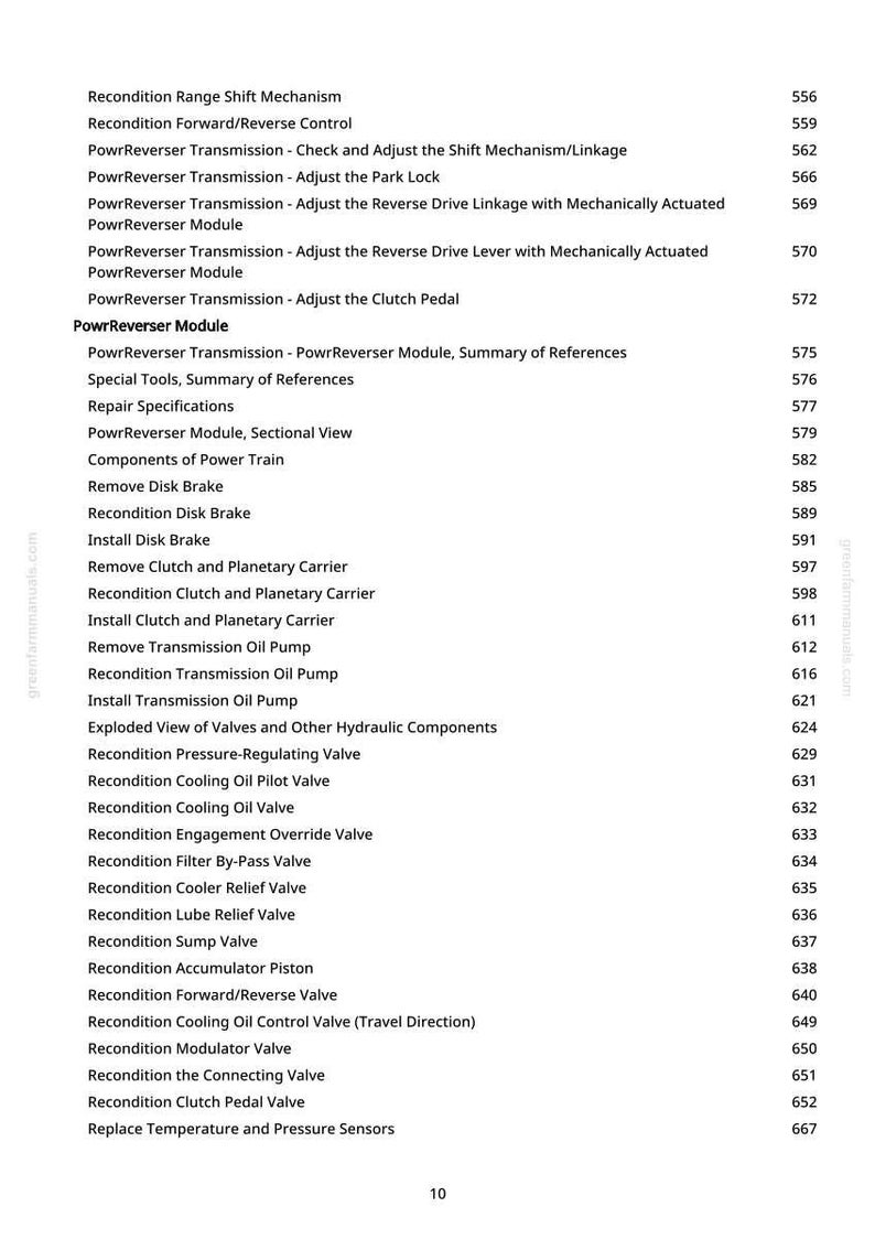 Puede incluir: Una p&aacute;gina de manual con una lista de procedimientos de reparaci&oacute;n de autom&oacute;viles, incluyendo "Reacondicionar el mecanismo de cambio de rango" e "Instalar el freno de disco". El texto es negro sobre fondo blanco, con un logotipo verde.