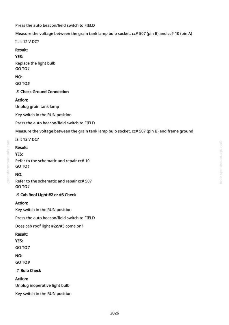 May include: A page from a manual with troubleshooting steps for a vehicle's lighting system. The text includes instructions for checking voltage, ground connections, and bulb functionality. The document is labeled with the number 2026.