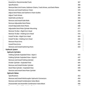 May include: A detailed contents list from a manual, with sections such as "Row Units", "Hydraulic System", and "Hydraulic Valves". The text is black on a white background, with page numbers on the right.