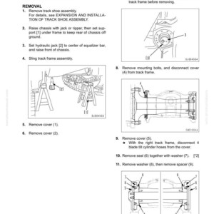 May include: Diagram detailing the removal and installation of a track frame assembly. Instructions cover removing the track shoe assembly, raising the chassis, using a hydraulic jack, and removing covers and bolts. Includes illustrations and numbered steps.