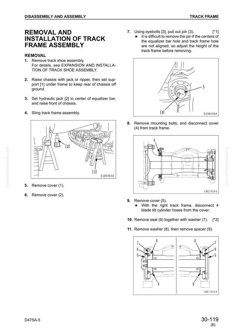 May include: Diagram detailing the removal and installation of a track frame assembly. Instructions cover removing the track shoe assembly, raising the chassis, using a hydraulic jack, and removing covers and bolts. Includes illustrations and numbered steps.
