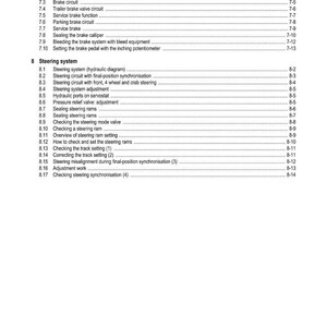 May include: A white page featuring the "WEIDEMANN" logo and a table of contents. The table lists topics such as brakes and steering systems, with subtopics like brake diagrams and steering adjustment. Page numbers are listed on the right.