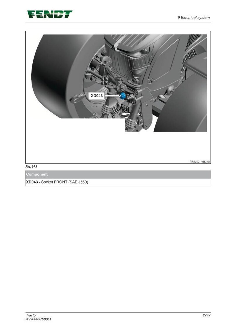 May include: Diagram of a tractor component, featuring a close-up of the front socket labeled "XD043". The image is part of the "9 Electrical system" and includes the Fendt logo. The component is a SAE J560 socket.