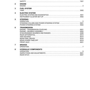 May include: A white document titled "TABLE OF CONTENTS" with the "ARGOTRACTORS" logo at the top. The document lists sections such as "GENERAL SAFETY", "ENGINE", "FUEL SYSTEM", "ELECTRIC SYSTEM", "STEERING", "TRANSMISSION", "BRAKES", and "HYDRAULIC COMPONENTS".