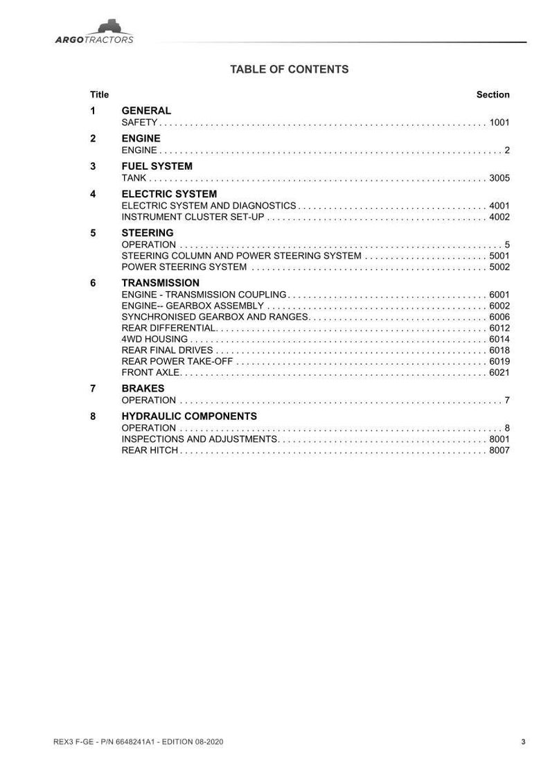 May include: A white document titled "TABLE OF CONTENTS" with the "ARGOTRACTORS" logo at the top. The document lists sections such as "GENERAL SAFETY", "ENGINE", "FUEL SYSTEM", "ELECTRIC SYSTEM", "STEERING", "TRANSMISSION", "BRAKES", and "HYDRAULIC COMPONENTS".