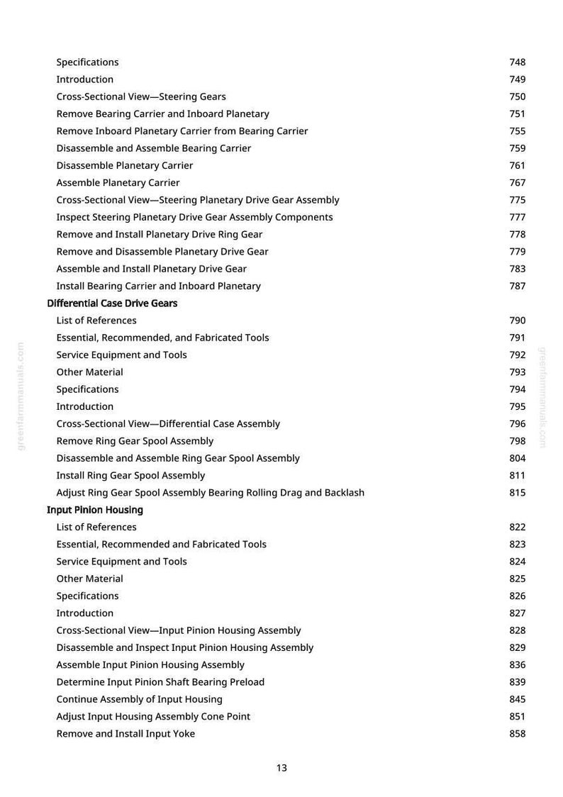 May include: A page from a manual with a list of specifications and procedures, including "Cross-Sectional View - Steering Gears" and "Input Pinion Housing Assembly." The page number is 13.