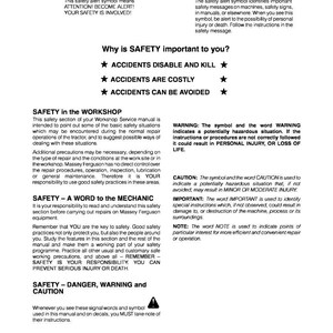Pode incluir: Uma p&aacute;gina de um manual de oficina com informa&ccedil;&otilde;es de seguran&ccedil;a. O texto inclui s&iacute;mbolos de alerta de seguran&ccedil;a, avisos e instru&ccedil;&otilde;es. O manual enfatiza a import&acirc;ncia da seguran&ccedil;a na oficina para evitar ferimentos ou morte.