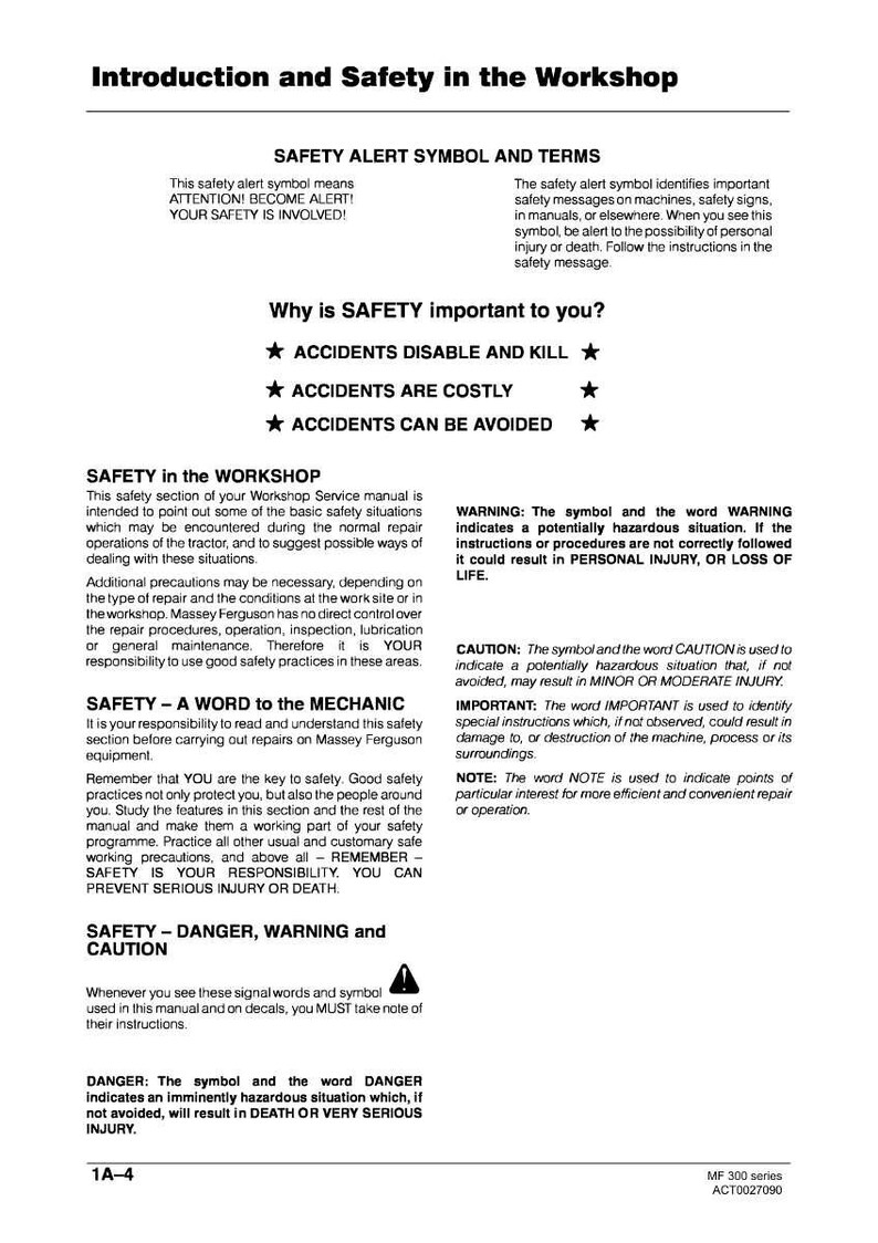 Pode incluir: Uma p&aacute;gina de um manual de oficina com informa&ccedil;&otilde;es de seguran&ccedil;a. O texto inclui s&iacute;mbolos de alerta de seguran&ccedil;a, avisos e instru&ccedil;&otilde;es. O manual enfatiza a import&acirc;ncia da seguran&ccedil;a na oficina para evitar ferimentos ou morte.