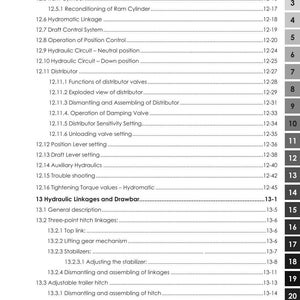 May include: A detailed page from a manual for ARGO Tractors, featuring a table of contents with various sections on hydraulic systems, linkages, and controls. The page includes section numbers and page numbers.