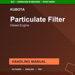 Puede incluir: Un documento digital titulado "Particulate Filter" para un motor diésel, bajo la marca KUBOTA. El documento está etiquetado como un "MANUAL DE MANEJO" y tiene 54 páginas. El documento está en inglés y es un PDF.