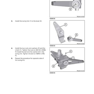 May include: Diagram of a track belt system with numbered components. Instructions include installing pins, swing links, nuts, washers, and U-bolts. Measurements are provided in Nm and lb ft. The text reads "Rubber Track Tractor 79036614C".