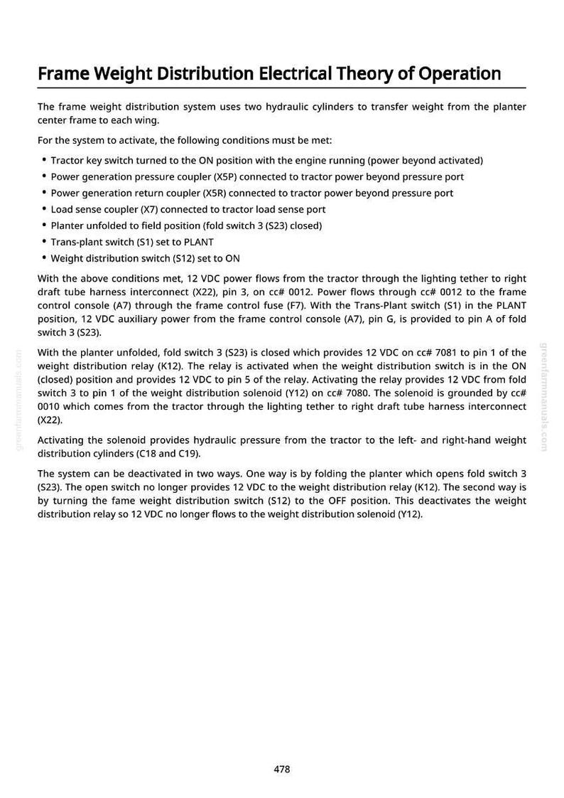 May include: A page from a manual detailing the electrical theory of operation for a frame weight distribution system. The text explains the system's function, activation conditions, and deactivation methods, with diagrams and technical terms.