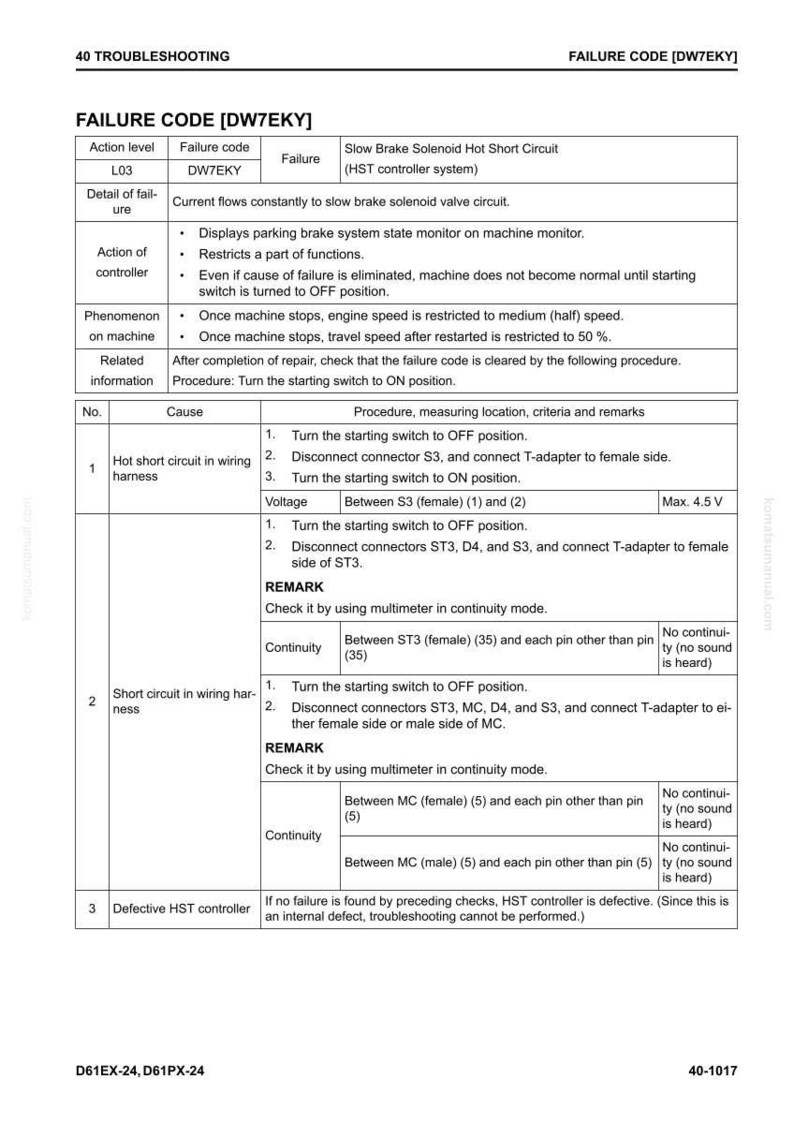 Puede incluir: Una gu&iacute;a de soluci&oacute;n de problemas para el c&oacute;digo de fallo DW7EKY de una m&aacute;quina, que detalla causas, procedimientos y comprobaciones de voltaje. El documento incluye diagramas e instrucciones para resolver problemas.