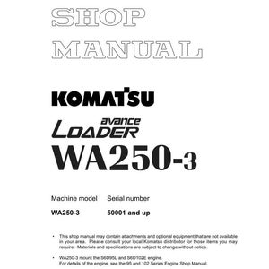 May include: A white shop manual with the text "SHOP MANUAL" at the top. The Komatsu logo and "WA250-3" are prominently displayed. The manual includes machine model and serial number information.