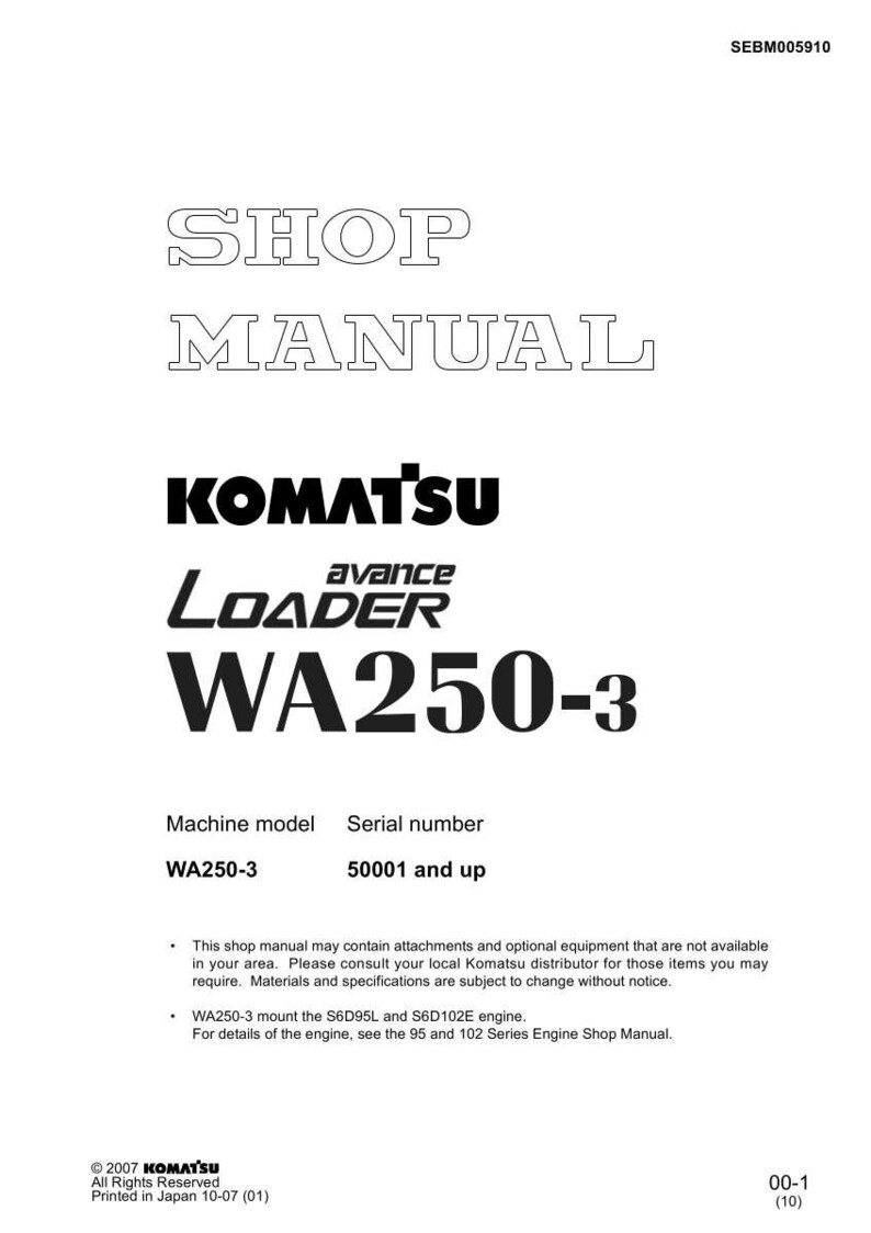 May include: A white shop manual with the text "SHOP MANUAL" at the top. The Komatsu logo and "WA250-3" are prominently displayed. The manual includes machine model and serial number information.