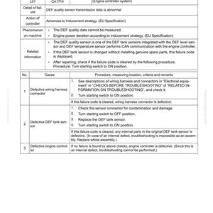 May include: A troubleshooting guide for failure code CA1714, detailing the DEF quality sensor. The document outlines potential causes, including wiring harness and sensor issues, and provides step-by-step diagnostic procedures. The text is in black.
