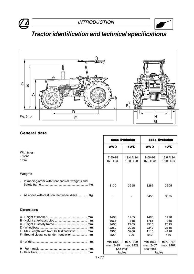 Puede incluir: Diagrama t&eacute;cnico de un tractor con especificaciones. La imagen muestra vistas laterales y frontales, junto con una tabla con dimensiones y pesos en mil&iacute;metros y kilogramos. El texto dice "Identificaci&oacute;n y especificaciones t&eacute;cnicas del tractor".