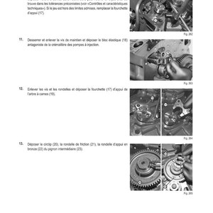 Puede incluir: Diagrama t&eacute;cnico con instrucciones para la reparaci&oacute;n del motor. La imagen muestra vistas de cerca de los componentes del motor, incluyendo engranajes, pernos y un comparador. El texto en franc&eacute;s proporciona una gu&iacute;a paso a paso para el proceso de reparaci&oacute;n, con pasos numerados y piezas etiquetadas.