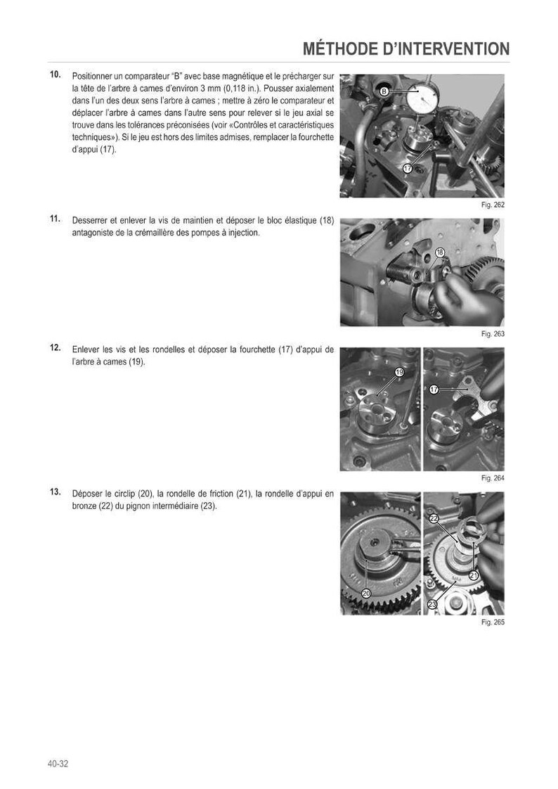 Puede incluir: Diagrama t&eacute;cnico con instrucciones para la reparaci&oacute;n del motor. La imagen muestra vistas de cerca de los componentes del motor, incluyendo engranajes, pernos y un comparador. El texto en franc&eacute;s proporciona una gu&iacute;a paso a paso para el proceso de reparaci&oacute;n, con pasos numerados y piezas etiquetadas.