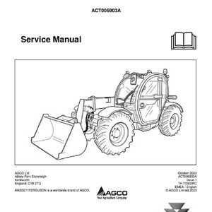 May include: A service manual for a Massey Ferguson telehandler. The image shows a line drawing of the machine with a bucket and large tires. The manual's title is displayed above the machine illustration, with the Massey Ferguson logo at the bottom.