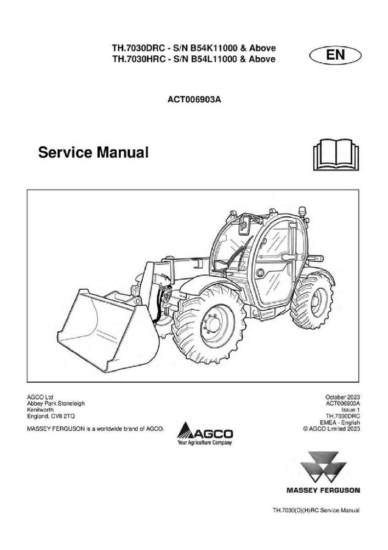 May include: A service manual for a Massey Ferguson telehandler. The image shows a line drawing of the machine with a bucket and large tires. The manual's title is displayed above the machine illustration, with the Massey Ferguson logo at the bottom.