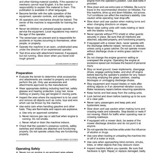 May include: A safety manual page with the title "Safety" and detailed instructions. The text includes warnings about operating machinery, safety precautions, and operator training requirements. The page is white with black text.