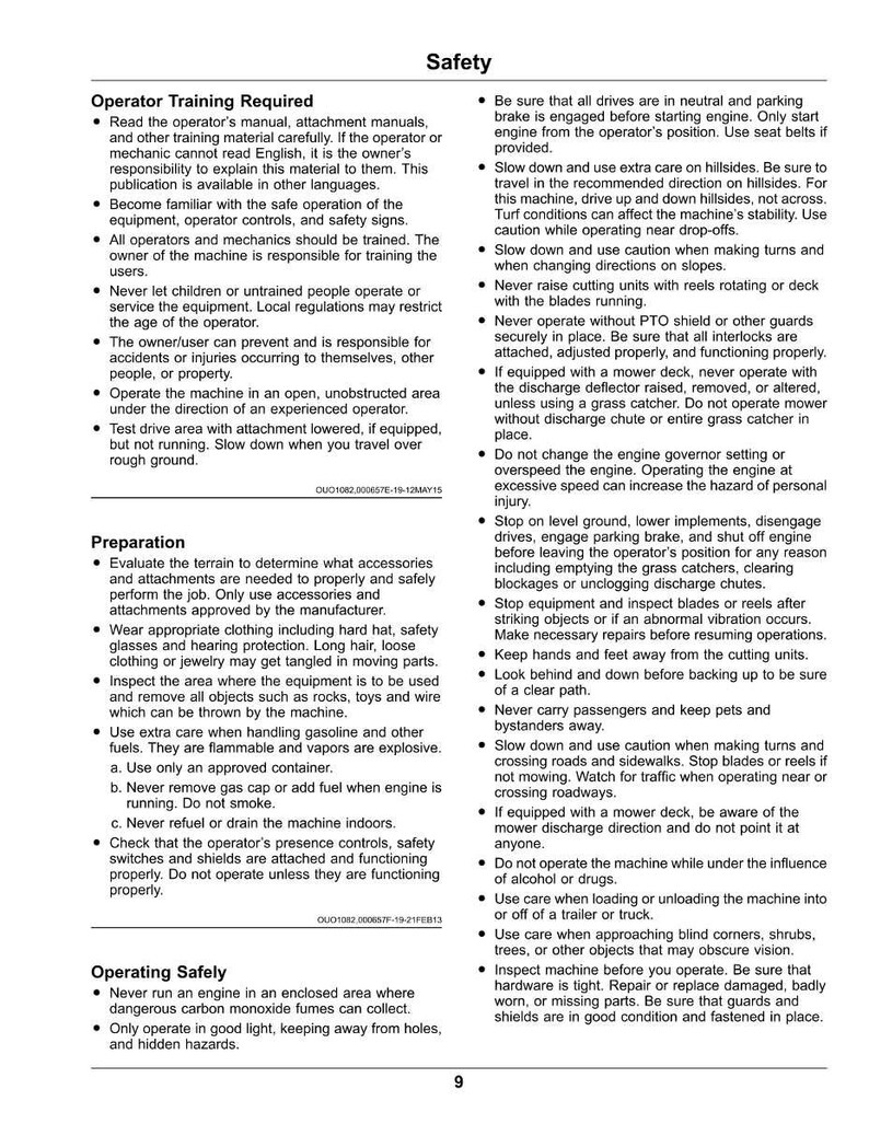 May include: A safety manual page with the title "Safety" and detailed instructions. The text includes warnings about operating machinery, safety precautions, and operator training requirements. The page is white with black text.
