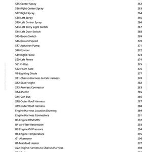 May include: A white page featuring a list of engineering components and their page numbers. The list includes items such as "Differential Lock," "Solution Pump," and "Engine Temperature."
