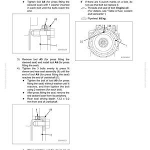 Op de afbeelding: Diagram uit een handleiding met de demontage en montage van een motoronderdeel. Bevat illustraties van gereedschappen, bouten en een vliegwiel van 65 kg. Instructies omvatten het aandraaien van bouten en het plaatsen van de pen.