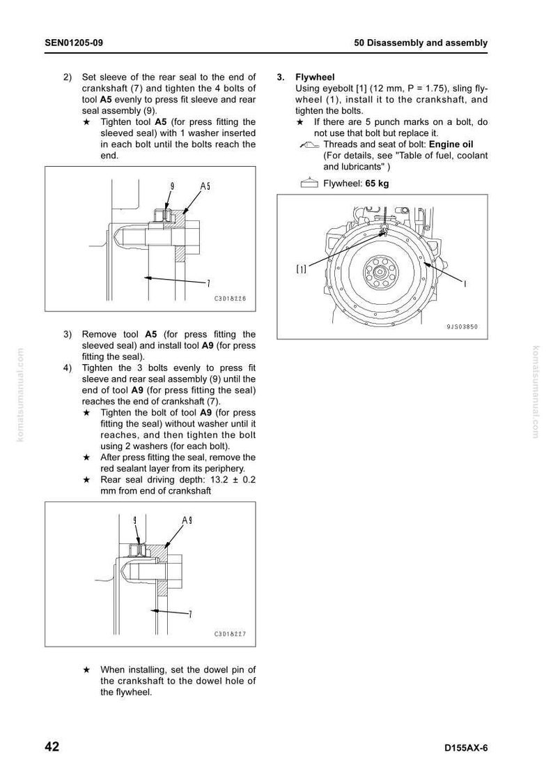 Op de afbeelding: Diagram uit een handleiding met de demontage en montage van een motoronderdeel. Bevat illustraties van gereedschappen, bouten en een vliegwiel van 65 kg. Instructies omvatten het aandraaien van bouten en het plaatsen van de pen.